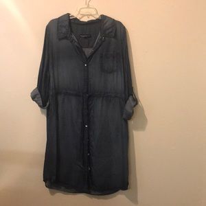Dark blue chambray shirt dress with mid tie